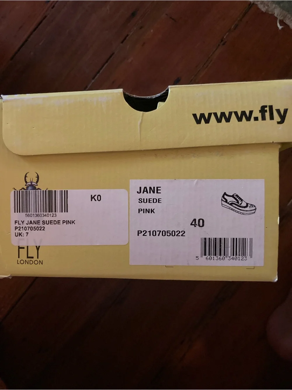 Fly London Jane Suede Pink Shoe Box Label - Pale Yellow Box